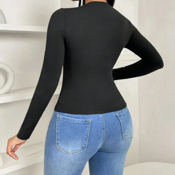Women's Solid Color Pleated Collar Slim Fit Hip Hugging Long Sleeved T-shirt Top - Gizmo Galaxy