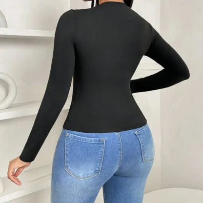 Women's Solid Color Pleated Collar Slim Fit Hip Hugging Long Sleeved T-shirt Top - Gizmo Galaxy