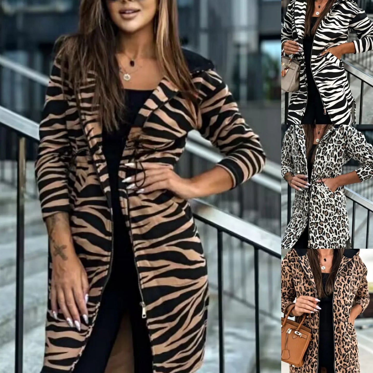 Women's Long-sleeved Hooded Floral Print Trench Coat - Gizmo Galaxy