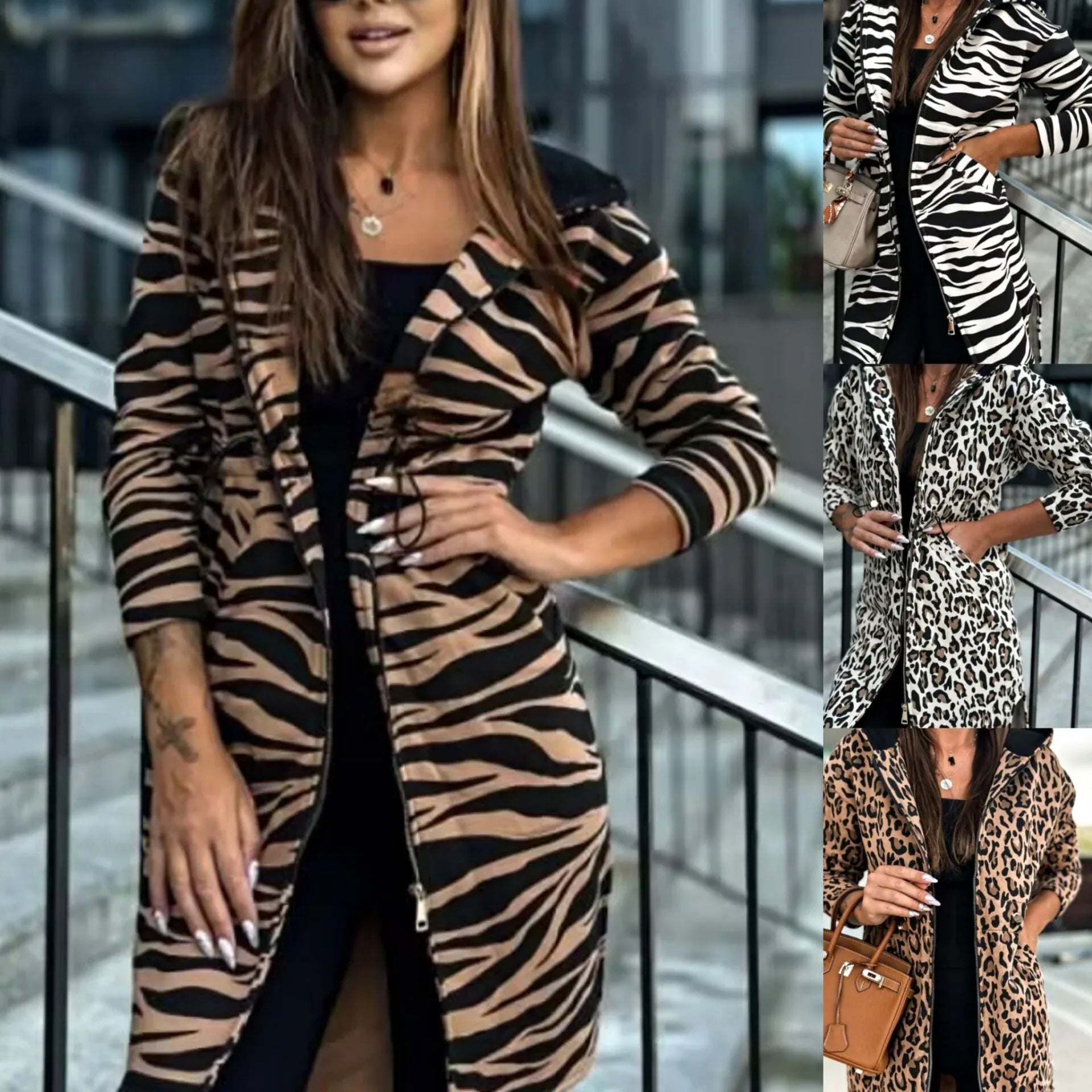 Women's Long-sleeved Hooded Floral Print Trench Coat - Gizmo Galaxy