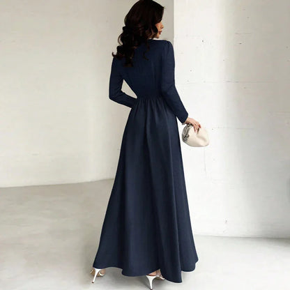 Elegant Long Sleeve Waist Cinching A Line Dress - Gizmo Galaxy