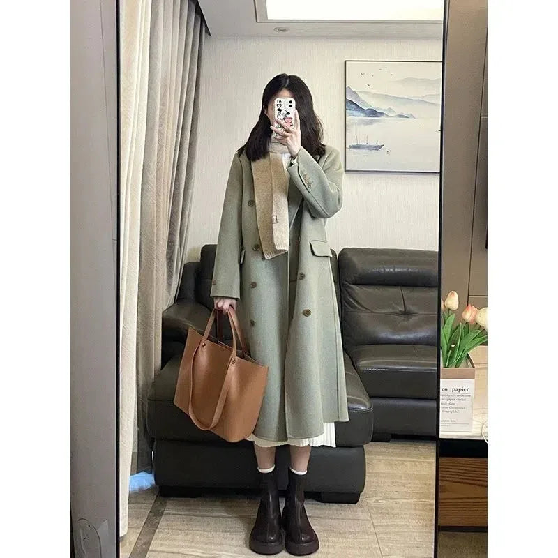 Socialite Style Matcha Green Woolen Coat For Women - Gizmo Galaxy