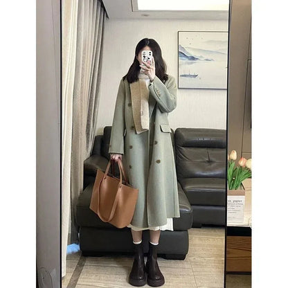 Socialite Style Matcha Green Woolen Coat For Women - Gizmo Galaxy