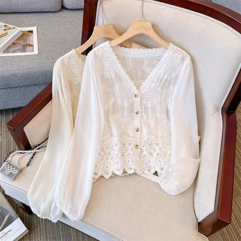 New French Style Summer Hollow-out Shirt Stitching Flying Sleeves Top - Gizmo Galaxy