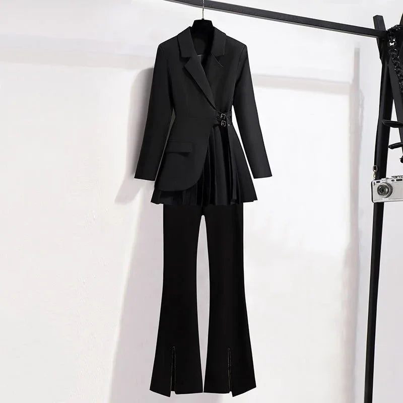Lapel Design Pleated Skirt Black Suit Jacket For Women - Gizmo Galaxy