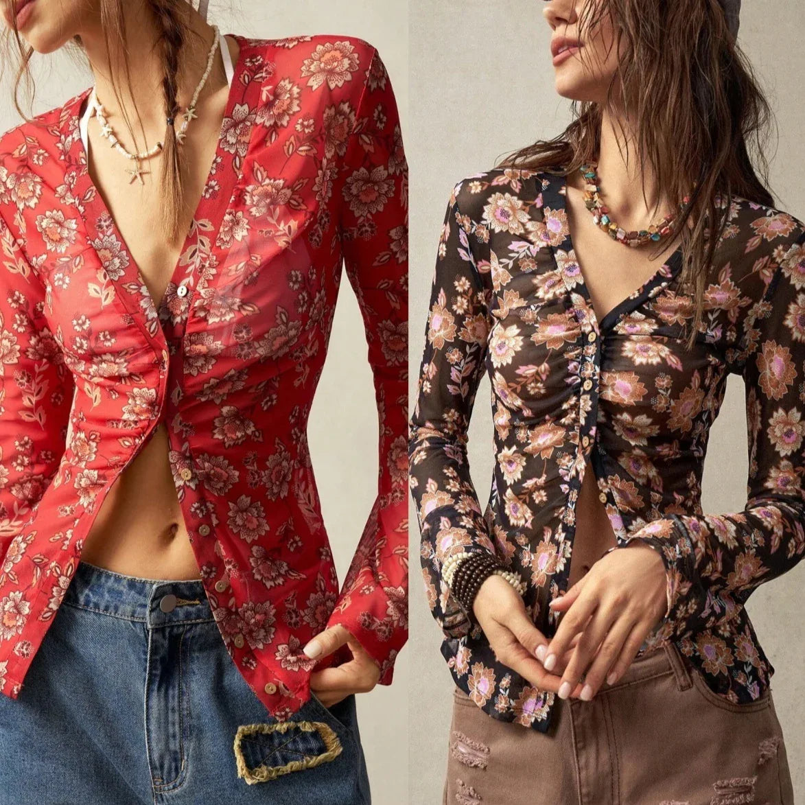 European And American Printed Shirt Women's Slim Fit Slimming Retro Temperament - Gizmo Galaxy