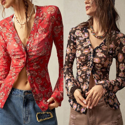 European And American Printed Shirt Women's Slim Fit Slimming Retro Temperament - Gizmo Galaxy