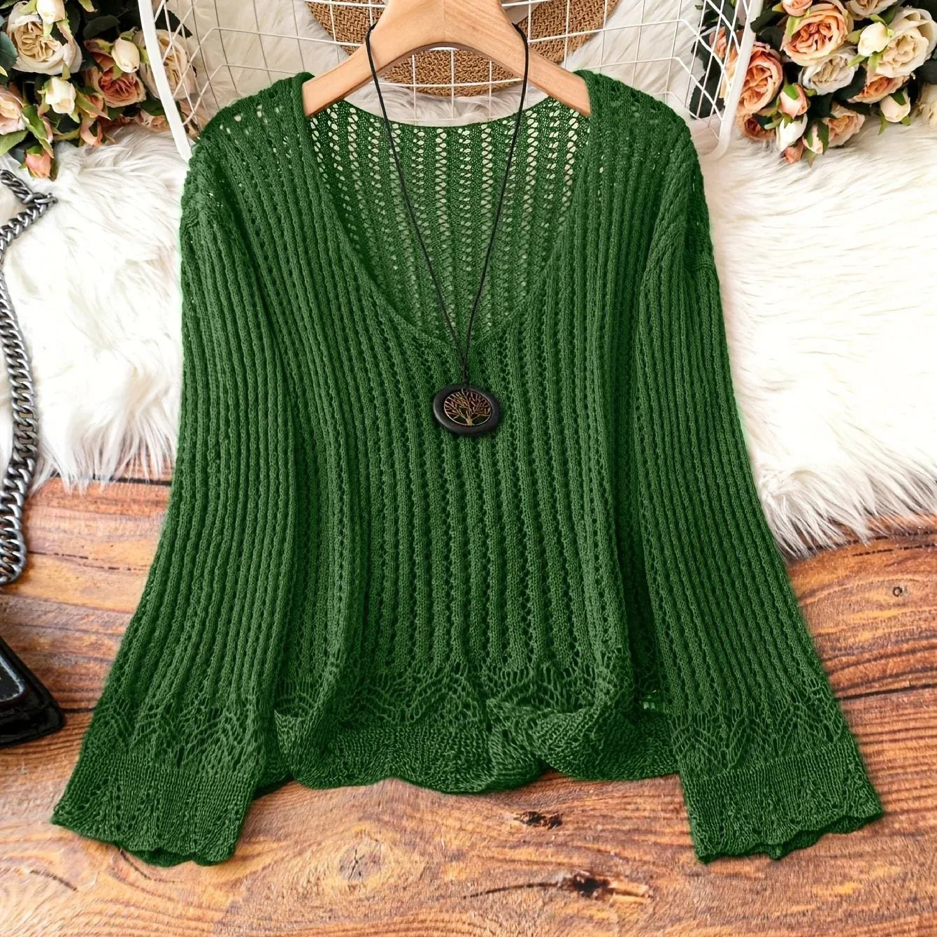 Hollow-out Spring And Summer Long Sleeves Knitted V-neck Plus Size Women's Long-sleeved Sweater - Gizmo Galaxy