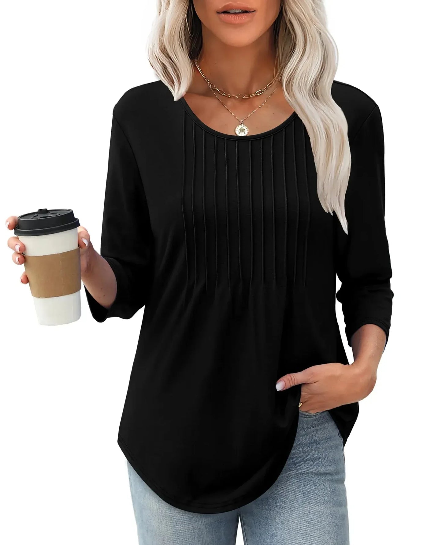 New Women's Long Sleeved Top, Fashionable And Casual Pleated Low Round Neck Women's T-shirt - Gizmo Galaxy