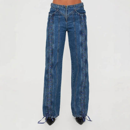 New Low Waist Hollow Lace-up Wide-leg Jeans For Women - Gizmo Galaxy