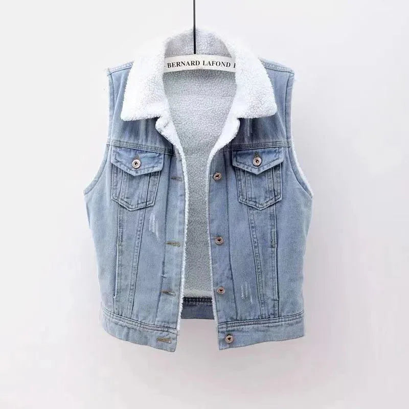 Lamb Wool Denim Cotton-padded Waistcoat Women - Gizmo Galaxy