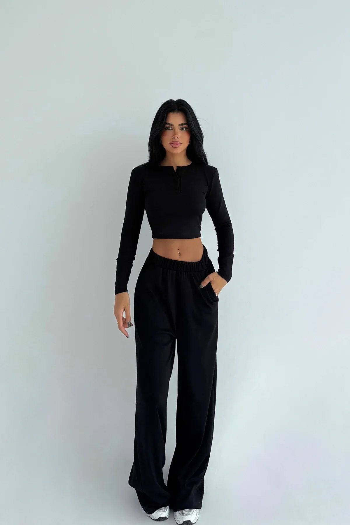Women's Solid-color Casual Crew-neck Button-up Long-sleeve Top And Trousers - Gizmo Galaxy