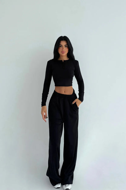 Women's Solid-color Casual Crew-neck Button-up Long-sleeve Top And Trousers - Gizmo Galaxy