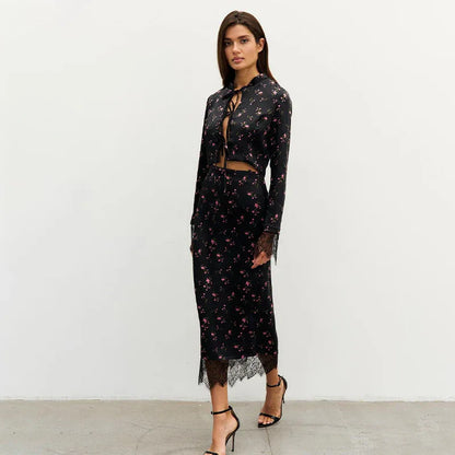 Women's Fashionable Printed Long-Sleeve Lace-Patchwork Skirt Set - Gizmo Galaxy