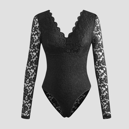 Sexy Solid-Color Lace Long-Sleeve Sheer Bodycon Jumpsuit - Gizmo Galaxy