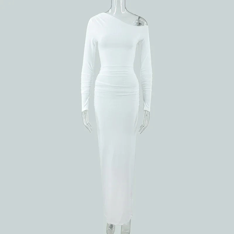 Women's OffshoulderLong-sleeve Figurehugging Pleated Maxi Dress - Gizmo Galaxy