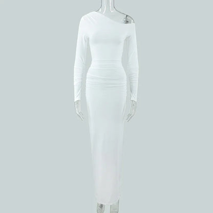 Women's OffshoulderLong-sleeve Figurehugging Pleated Maxi Dress - Gizmo Galaxy