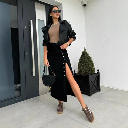 Women's Solid Color Button Irregular Slit Denim Skirt - Gizmo Galaxy