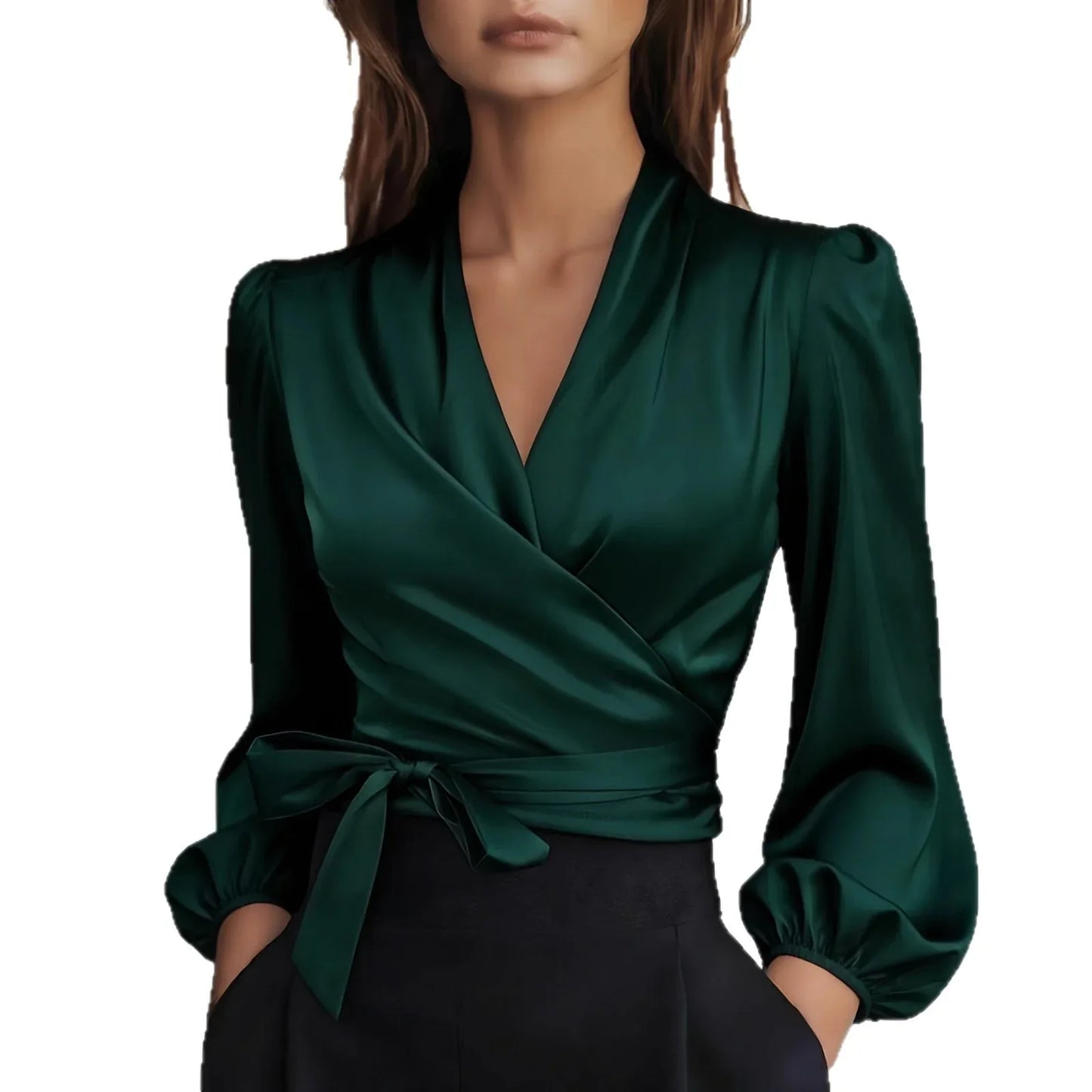 Womens Solid-Color V-Neck Elegant Satin-Bonded Shirt - Gizmo Galaxy