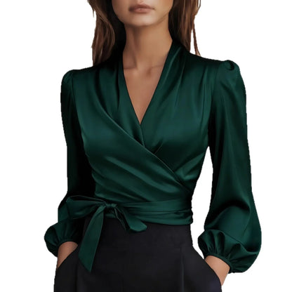 Womens Solid-Color V-Neck Elegant Satin-Bonded Shirt - Gizmo Galaxy