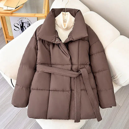 Warm Lapel Plaid Coat With Belt Design Fashion Casual Thick Jacket Fall And Winter Women's Clothing - Gizmo Galaxy