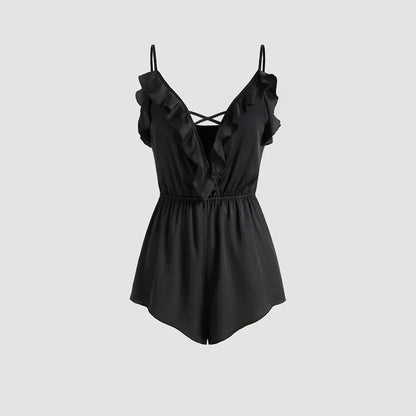 European And American Sexy Style Camisole Homewear Jumpsuit Summer Deep V-neck With Ruffles, Comfortable Top For Women - Gizmo Galaxy
