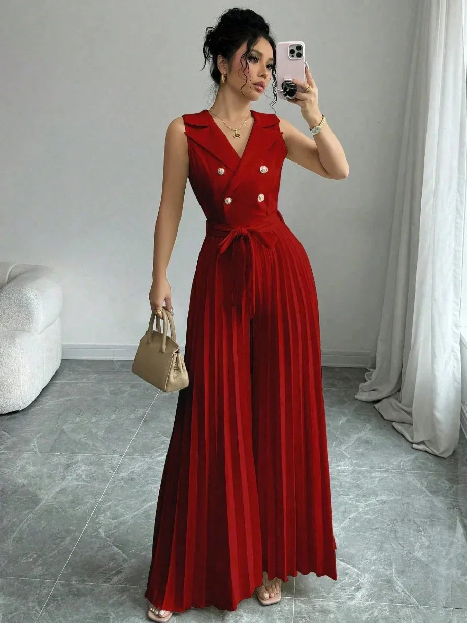 Suit Collar Bow Tie Belted Waist Pleated Jumpsuit - Gizmo Galaxy