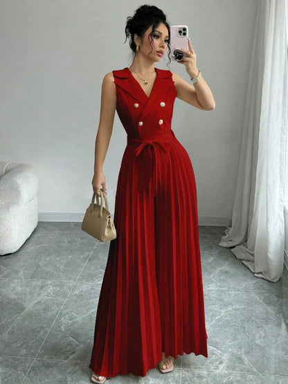 Suit Collar Bow Tie Belted Waist Pleated Jumpsuit - Gizmo Galaxy