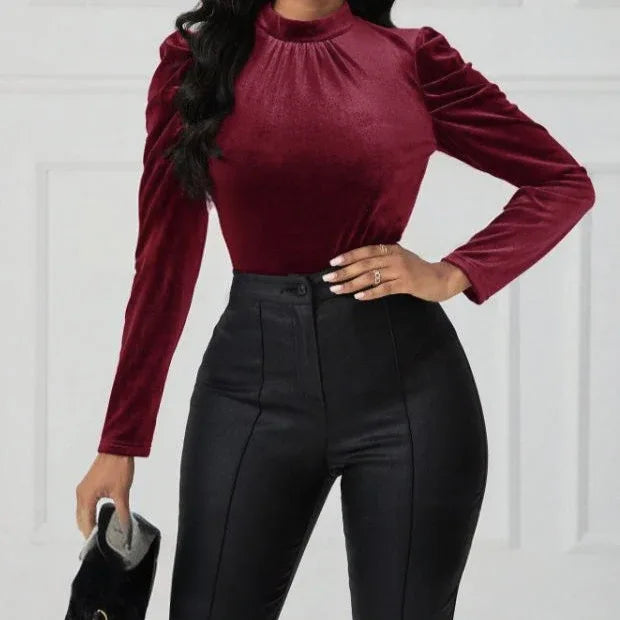 Women's Solid Color Round Neck Bubble Sleeve Slim Fit T-shirt - Gizmo Galaxy