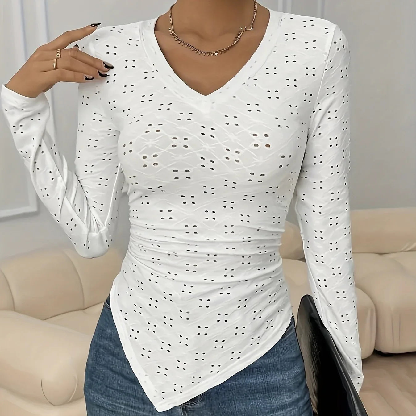 Ladies' Hollowed Out V-neck Fashionable Versatile Shopping Party Hem Irregular Design Elegant Long Sleeved T-shirt Top - Gizmo Galaxy