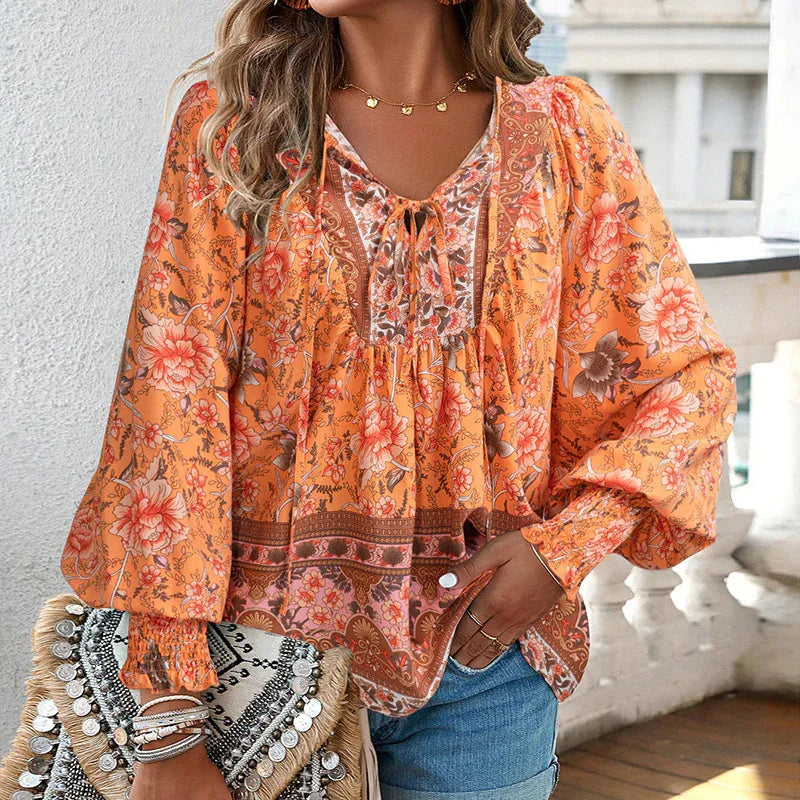 Wpmens Boho Chic Long Sleeve Blouse Floral Print V-Neck Top With Lace-Up & Drawstring Detail Elegant Vacation Shirt - Gizmo Galaxy