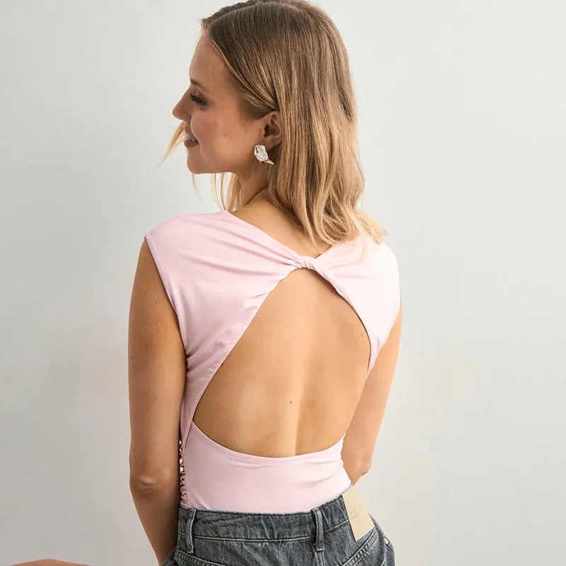 European And American Solid Color Off-neck Backless Slim Fit T-shirt Top - Gizmo Galaxy