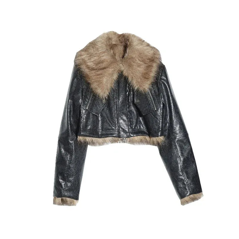 Wild Loose Feeling Fur Reverse Leather Jacket Short Coat - Gizmo Galaxy