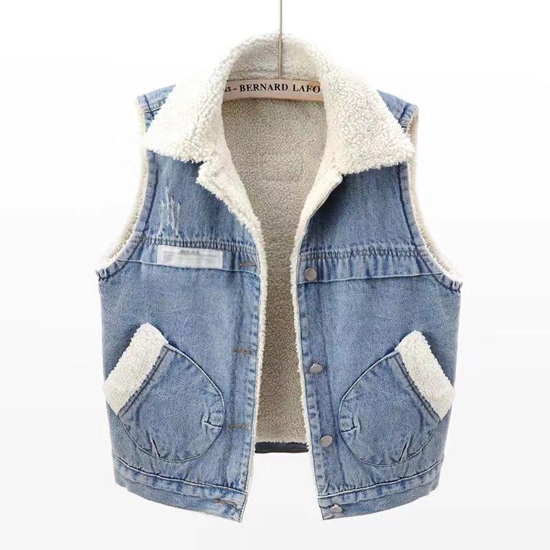 Lamb Wool Denim Cotton-padded Waistcoat Women - Gizmo Galaxy