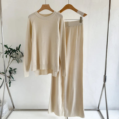 Women's Loose Knitted Long-Sleeve Crew-Neck Fashionable Wide-Leg Pants Two-Piece Set - Gizmo Galaxy