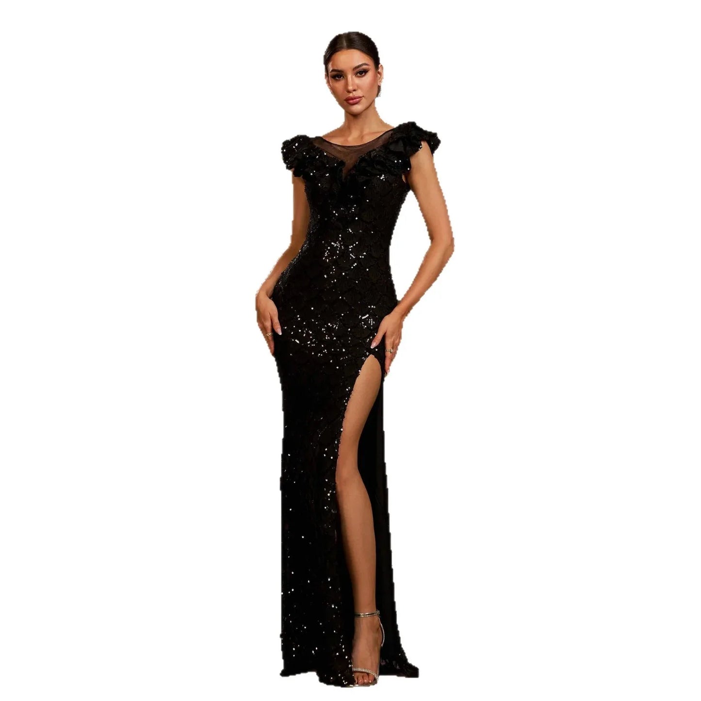 Sleeveless Round Neck Sequins Slim Fit Slit Evening Gown - Gizmo Galaxy
