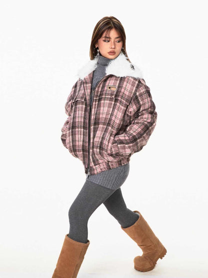 Retro Plaid Fur Collar Age-reducing Gray Loose All-match Design Cotton-padded Coat - Gizmo Galaxy