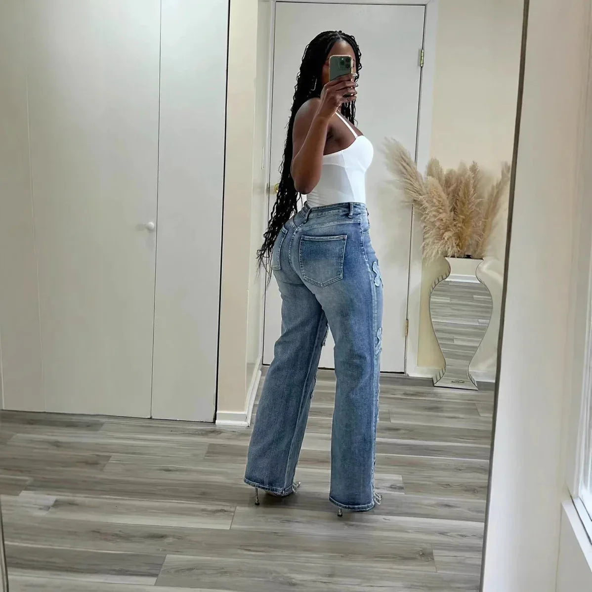 Vintage Washed Denim Fringe Cross Patch Straight Women's Jeans - Gizmo Galaxy