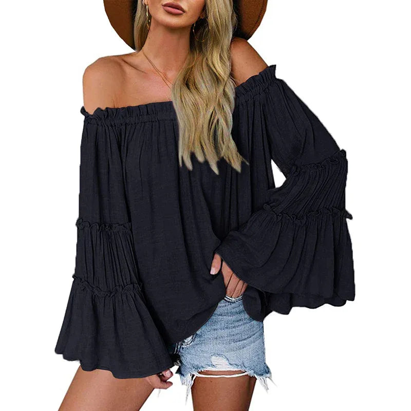 Women's Off Shoulder Blouse Long Flared Bell Sleeve Casual Loose Fit Top - Gizmo Galaxy