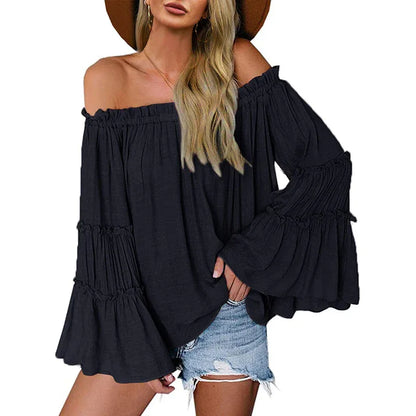 Women's Off Shoulder Blouse Long Flared Bell Sleeve Casual Loose Fit Top - Gizmo Galaxy