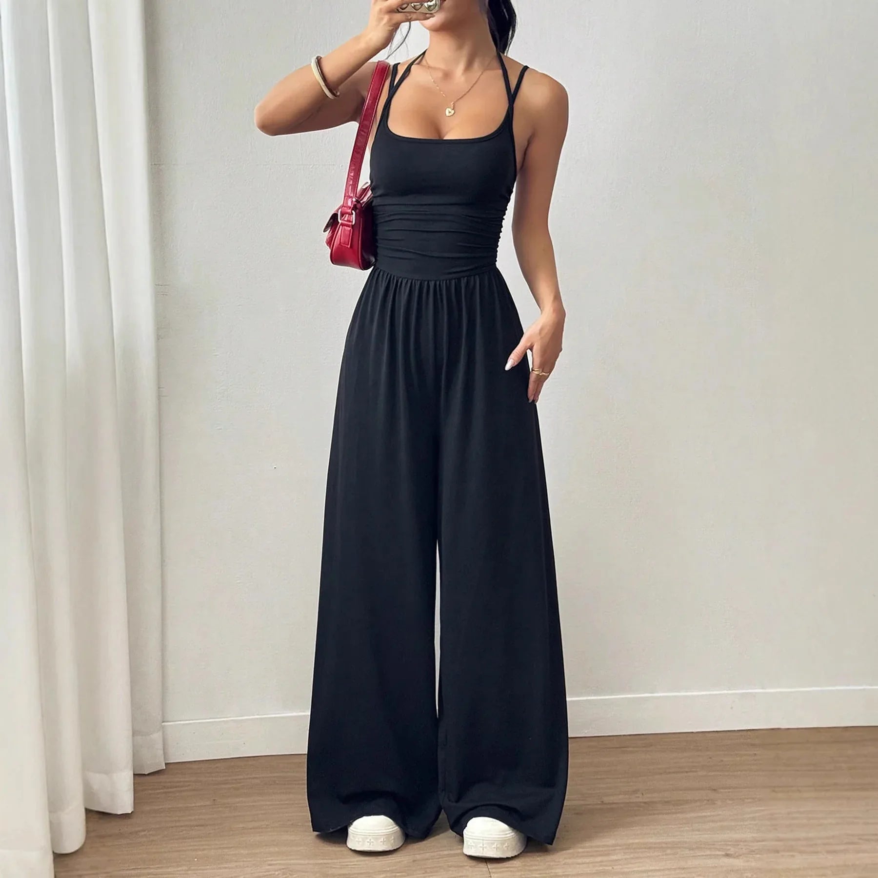 Black Camisole Waist Wide Leg Jumpsuit - Gizmo Galaxy