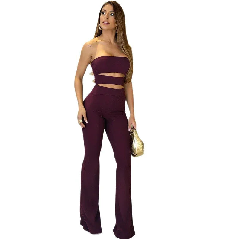 Long Sleeve Top Slim-fit Hollowed Out Flared Jumpsuit For Women - Gizmo Galaxy