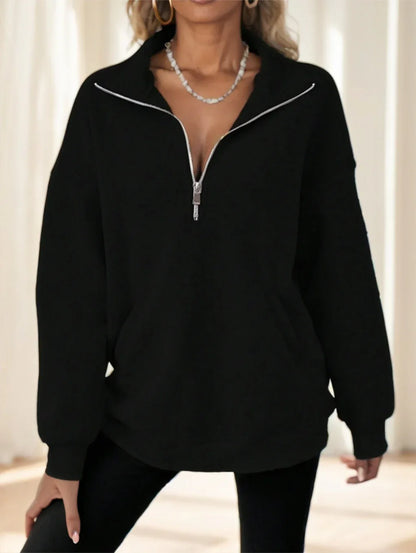 Plus Size Solid Color Casual Half-Zip High Neck Hoodie - Gizmo Galaxy