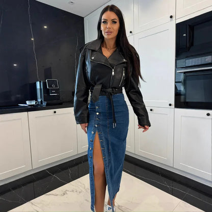 Women's Solid Color Button Irregular Slit Denim Skirt - Gizmo Galaxy