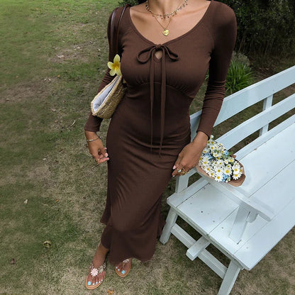 Pure And Alluring V-neck Long-sleeve Early Autumn New Arrival Spicy Girl's Figure-flattering Slimming Elegant A-line Dress - Gizmo Galaxy