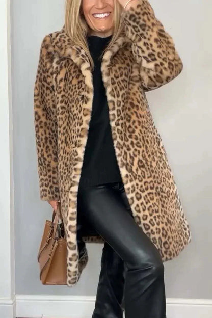 Fall Winter Leopard Print Plush Mid-length Coat - Gizmo Galaxy