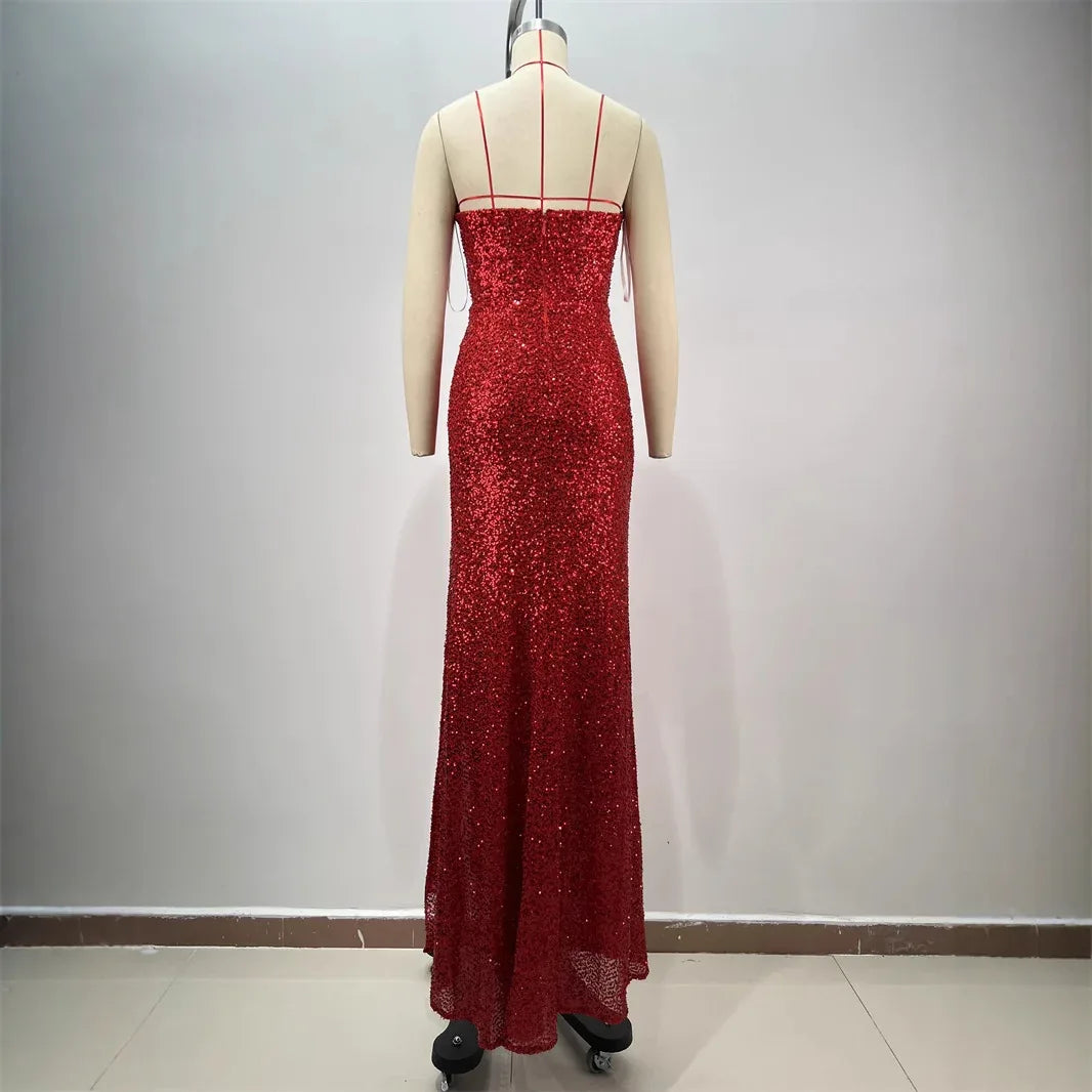 Drop-shaped Diamond Sexy Low-cut High Sitt Red Paillette Tube Coat And Dress - Gizmo Galaxy