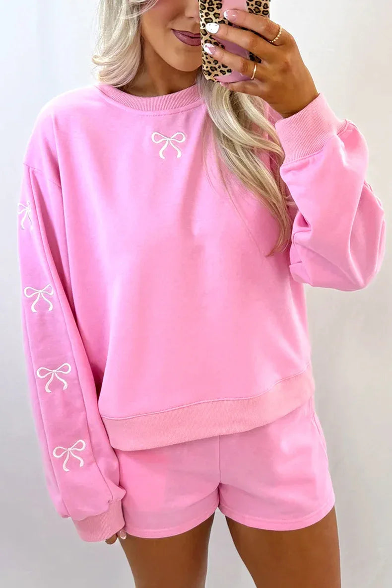 Casual Loose-fit Crew-neck Pullover Solid-color Embroidered Long-sleeve Top And Shorts Set - Gizmo Galaxy