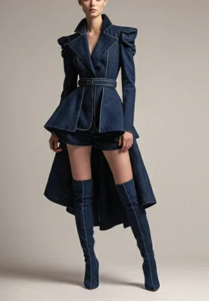 Sculptural Peplum Hem Tailored Denim Jacket & Shorts Set - Gizmo Galaxy