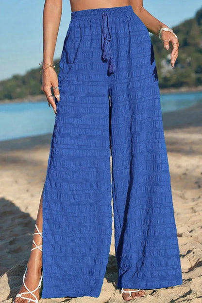 Dark Blue Textured Wide-leg Pants With Slits - Gizmo Galaxy